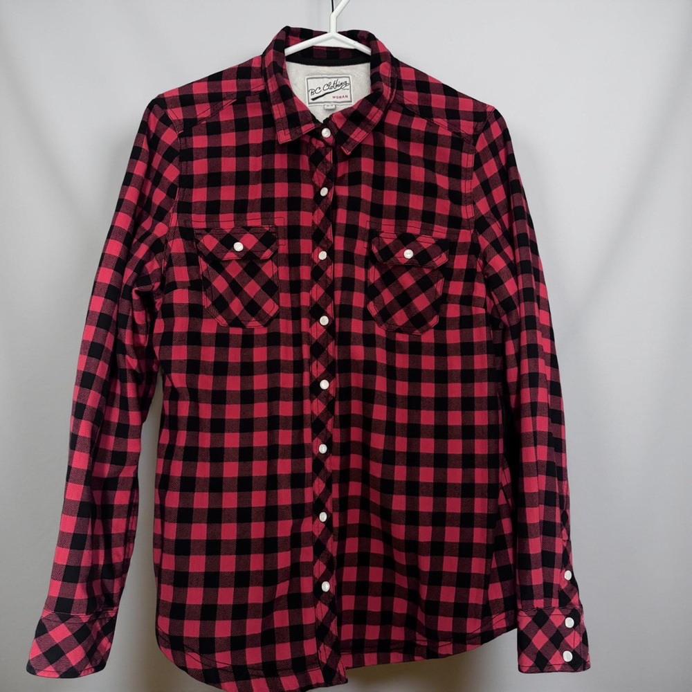 BC Clothing Women's Medium Red and Black Fleece Lined Button Down Shirt